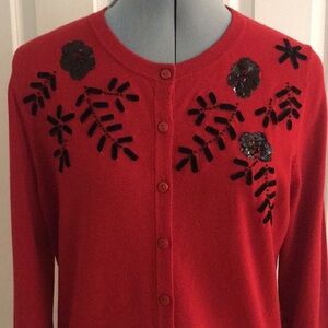 New Charter Club Red Cardigan Sweater Black Sequin Velvet Flowers Christmas M